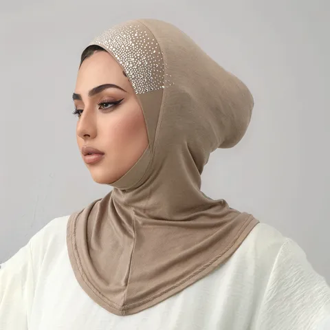 Vrouwen Etnische Stijl Hot Fix Strass Effen Kleur Moslim Hijab Dop Casual Beanie Hoofddeksel Sjaal Doek Voor Dagelijks Gebruik