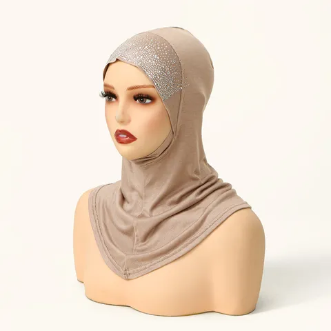 Vrouwen Etnische Stijl Hot Fix Strass Effen Kleur Moslim Hijab Dop Casual Beanie Hoofddeksel Sjaal Doek Voor Dagelijks Gebruik