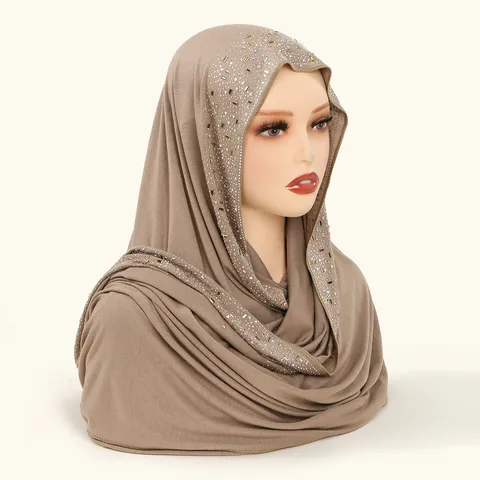 Elegante Polyester Lange Hijab Sjaal Voor Vrouwen Gemerceriseerde Katoenlook Strass Moslim Hoofddoek Sjaal Mode Etnische Sjaal