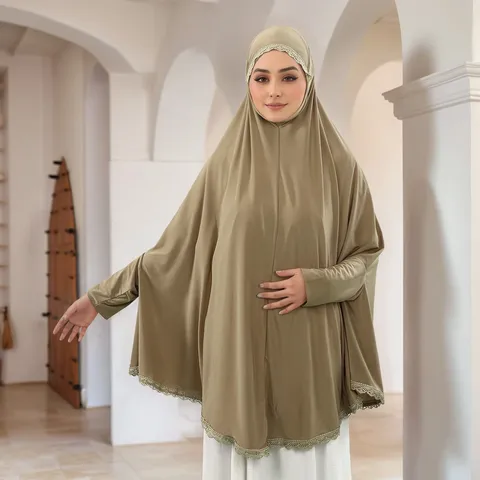 Donne Musulmane Vestito Lungo Hijab Tunica Pullover Ricamato Pizzo Poliestere Moda Etnica Abbigliamento Islamico