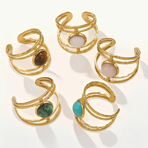 Vintage Stainless Steel Open Ring For Women Hammered Gold Plated Geometric Stone Adjustable Finger Ring Jewelry Gift