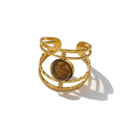 Vintage Stainless Steel Open Ring For Women Hammered Gold Plated Geometric Stone Adjustable Finger Ring Jewelry Gift