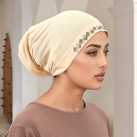Chapeau Beanie en Strass pour Femmes Mélange Coton Soie Turban Extensible Respirant Foulard Intérieur Musulman
