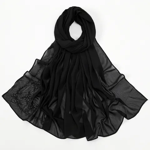 Women Fashion Chiffon Scarf Long Shawl Lightweight Head Wrap With Bow Embroidery Elegant Muslim Hijab Accessories