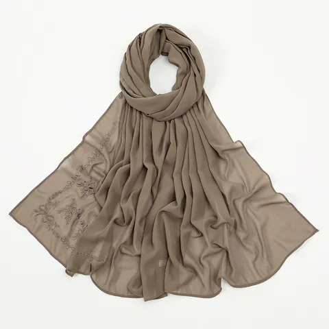 Women Fashion Chiffon Scarf Long Shawl Lightweight Head Wrap With Bow Embroidery Elegant Muslim Hijab Accessories