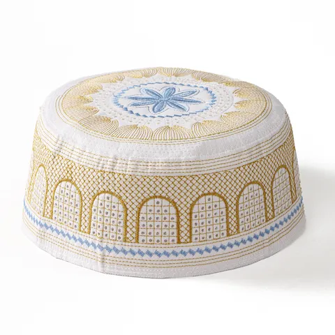 Hommes Chapeau de Prière Musulman Kufi Capuchon Ethnique Brodé Chapeau Plat Polyester
