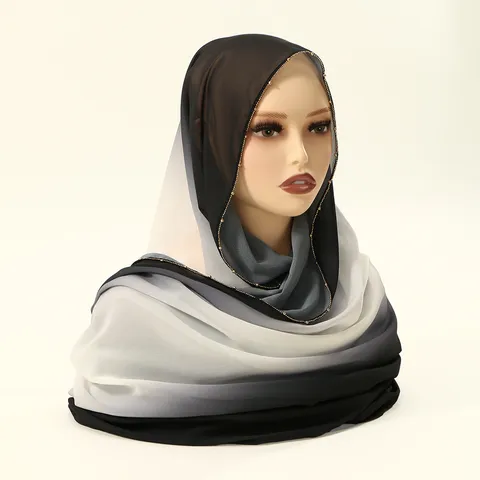 Mujeres Moda Chifón Bufanda Larga Color Degradado Cadena Perla Borde Elegante Chal Wrap Para Commute Diario