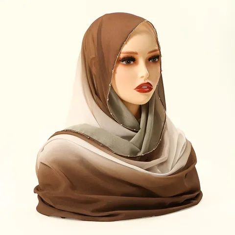 Mujeres Moda Chifón Bufanda Larga Color Degradado Cadena Perla Borde Elegante Chal Wrap Para Commute Diario