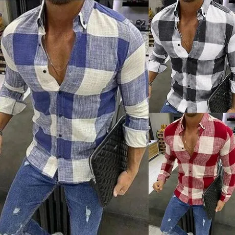 Men's Casual Plaid Long Sleeve Shirt Loose Fit Turn-Down Collar Button Down Linen Fashion Streetwear Top