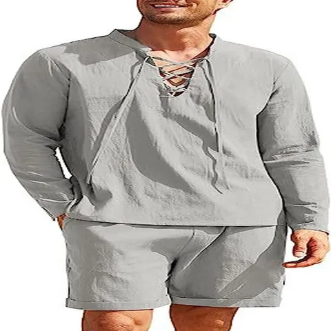 Completo Casual da Uomo in Misto Cotone Camicia Henley e Pantaloncini Top e Pantaloni Manica Lunga Collo alla Coreana per Spiaggia