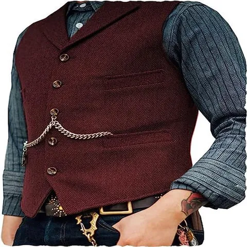 Men Vintage Herringbone Tweed Vest V-Neck Multi-Pocket Waistcoat British Style Sleeveless Top Casual Padded Work Vest For Men