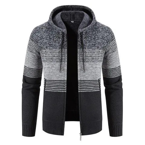 Cardigan in Maglia Foderato in Pile Invernale da Uomo Giacca Blocco di Colore con Cappuccio Zip Intera Maglione Casual
