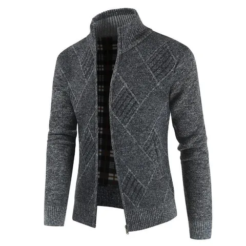 Men Casual Stand Collar Full Zip Cardigan Sweater Slim Fit Long Sleeve Knitwear With Classic Argyle Pattern