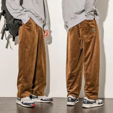 Pantalón Casual de Pana para Hombre Pierna Ancha Holgado Recto Largo Otoño Color Sólido Cordón Moda