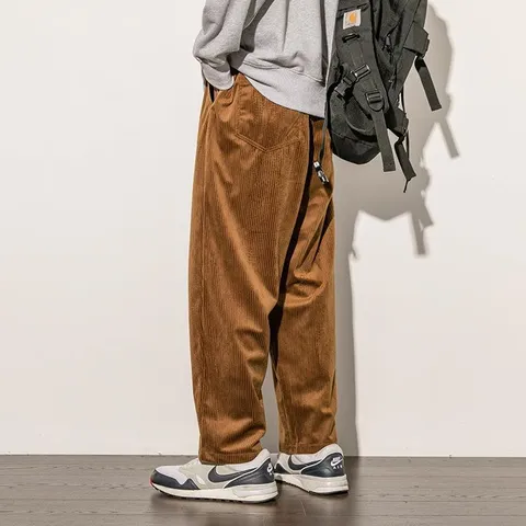 Pantalón Casual de Pana para Hombre Pierna Ancha Holgado Recto Largo Otoño Color Sólido Cordón Moda