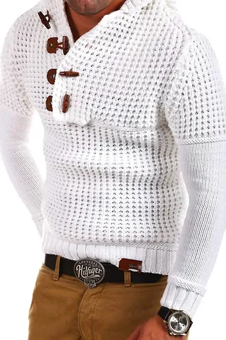 Heren Casual Langarm Capuchon Trui Slim Fit Effen Kleur Hoornknop Trui Breigoed Herfst Mode