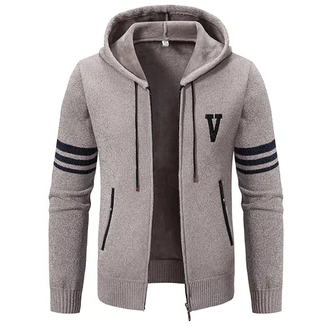 Herren Winter Fleece Gefüttert Strick Hoodie Strickjacke Warm Polyester Gestreifte Ärmel Buchstabe V Kapuzenpullover Top Für Urban Casual Wear