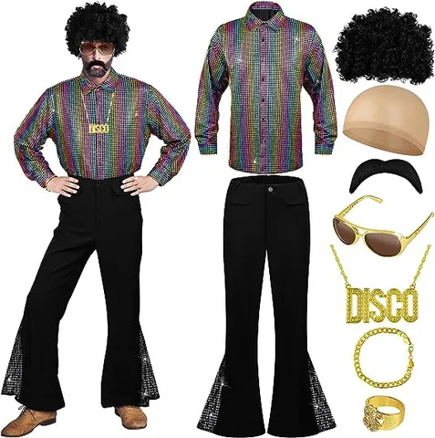Uomini Vintage Paillettes Festa Disco Top E Fondo Camicia Manica Lunga Pantaloni a Zampa Abiti da Scena