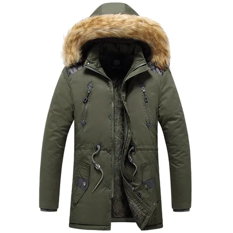 Men's Winter Cotton Padded Jacket Thickened Fleece Lined Hooded Coat With Faux Fur Collar Casual Warm Outerwear