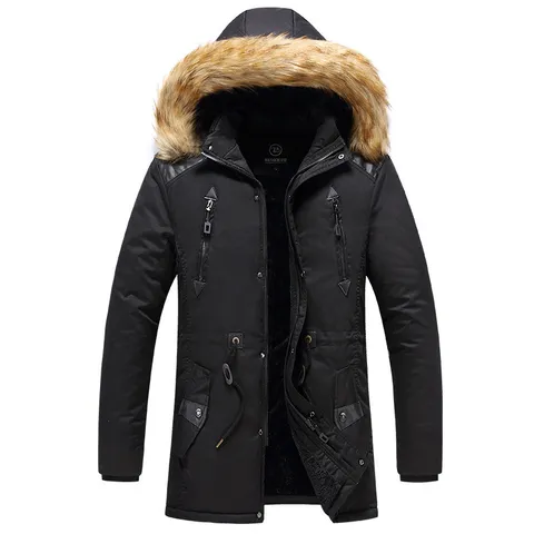 Men's Winter Cotton Padded Jacket Thickened Fleece Lined Hooded Coat With Faux Fur Collar Casual Warm Outerwear