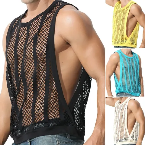 Canotta da Uomo Sexy in Rete Traforata Estate Casual Slim Fit Smanicato Gilet Muscolare Allenamento Palestra Maglia