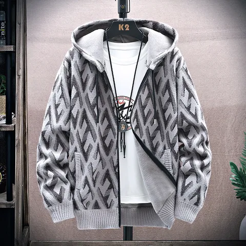 Men's Winter Fleece Thickened Knitted Cardigan Hooded Sweater Coat Geometric Pattern Thermal Casual Outerwear Male
