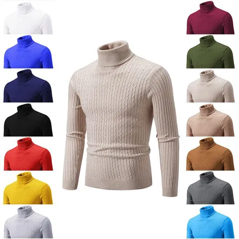 Men's Turtleneck Cable Knit Sweater Long Sleeve Slim Fit Casual Winter Pullover Top