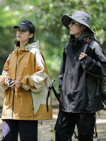 Men's Outdoor Waterproof Windproof Softshell Jacket Casual Color Block Hooded Sportswear Coat For Hiking Camping