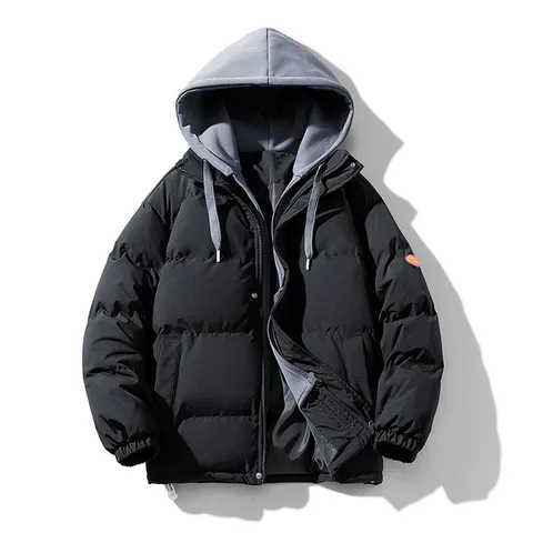 Herren Winter Verdickte Gepolsterte Jacke Falscher Zweiteiler Mit Kapuze Mantel Lässig Lose Japanische Streetwear Oberbekleidung