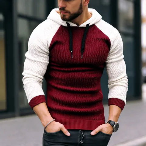 Men's Winter Hooded Cardigan Sweater Color Block Long Sleeve Knitwear Casual Hooded Outerwear Fashion Clothing