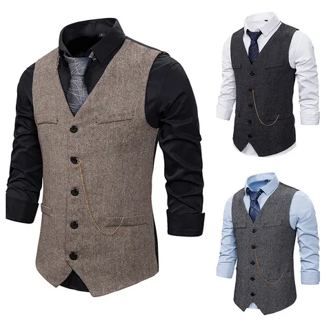 Men's Vintage Herringbone Suit Vest Single Breasted V-Neck Casual Business Waistcoat Polyester Cotton Blend Top