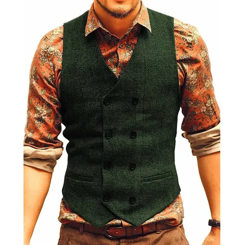 Men's British Style Business Casual Slim Fit Solid Color Herringbone Suit Vest Single Breasted V-Neck Gentleman Waistcoat