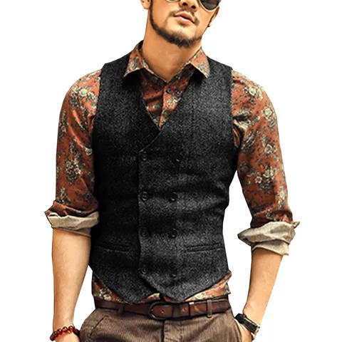 Men's British Style Business Casual Slim Fit Solid Color Herringbone Suit Vest Single Breasted V-Neck Gentleman Waistcoat