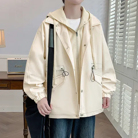 Men's Casual Fake Two-Piece Hooded Jacket Solid Color Long Sleeve Zip Up Regular Fit Windbreaker Outerwear