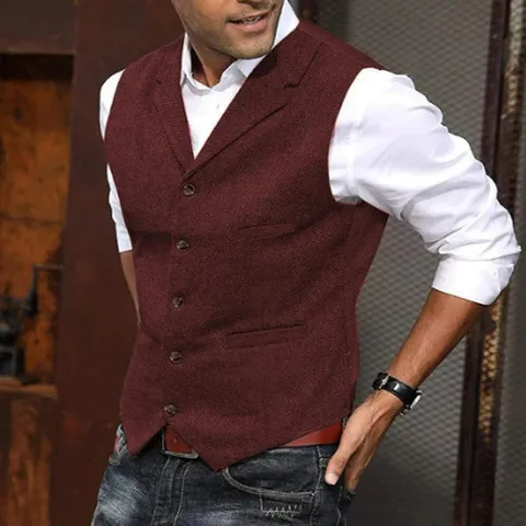 Men's Casual Slim Fit Business Suit Vest Vintage Herringbone V-Neck Single-Breasted Waistcoat For Wedding Party Formal Wear
