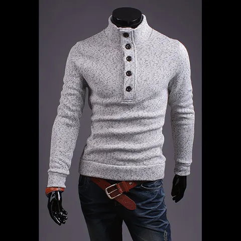 Men's Casual High Neck Button Long Sleeve Sweater Solid Color Linen Knit Pullover Fall Winter Fashion Clothing