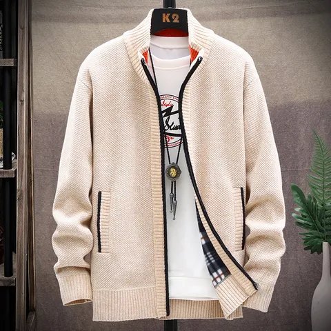 Cardigan Pull en Molleton Épais pour Hommes Hiver Chaud Col Montant Fermeture Éclair Vêtement en Tricot Extérieur Décontracté Grande Taille