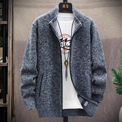Cardigan Pull en Molleton Épais pour Hommes Hiver Chaud Col Montant Fermeture Éclair Vêtement en Tricot Extérieur Décontracté Grande Taille