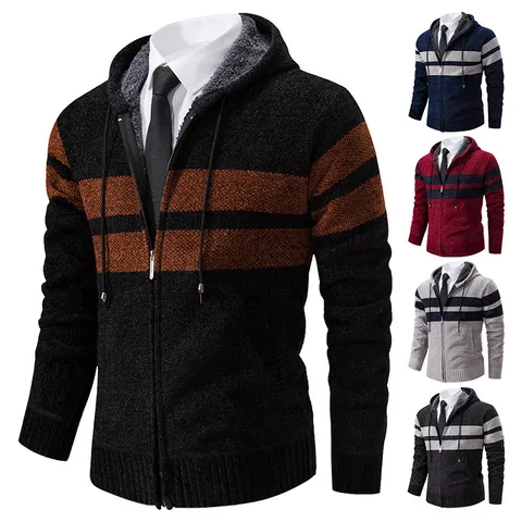 Cardigan in Maglia Casual da Uomo Giacca Maglione Full Zip con Cappuccio Manica Lunga Righe a Contrasto Taglie Forti