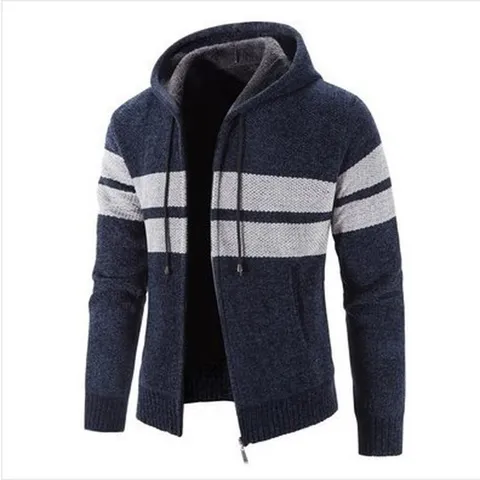 Men Casual Cotton Blend Fleece Lined Hooded Cardigan Sweater Winter Warm Zipper Knit Jacket Color Block Outerwear