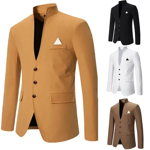 Men Casual Slim Fit Stand Collar Suit Jacket Solid Color Long Sleeve Single-Breasted Business Wedding Blazer Outerwear