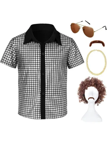 Retro Vintage Disfraz de Disco Metálico Lentejuelas Manga Larga Camisa con Botones Fiesta Cosplay Conjunto Con Accesorios