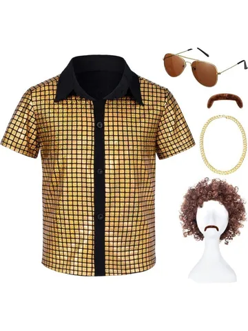 Kids 70s Disco Costume Sequin Shirt Top And Bottom Set Boys Retro Party Cosplay Stage Performance Outfit