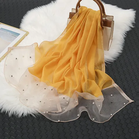 Femme Longue Étole en Organza Ornée de Perles Châle Transparent Léger Protection Solaire Plage Mode Voyage