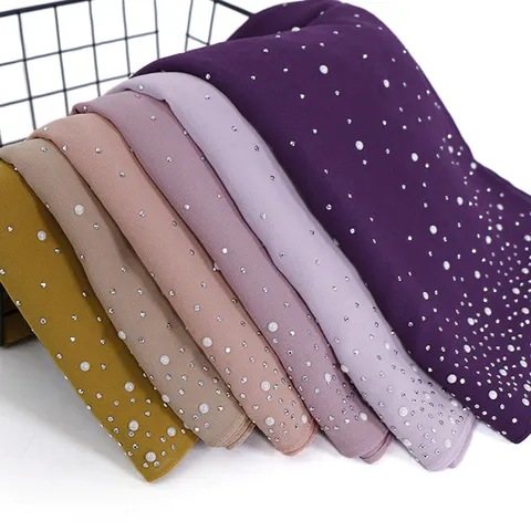 Women's Solid Color Polyester Scarf With Artificial Pearl Rhinestone Elegant Long Shawl Wraps Autumn Winter Fashion Hijab