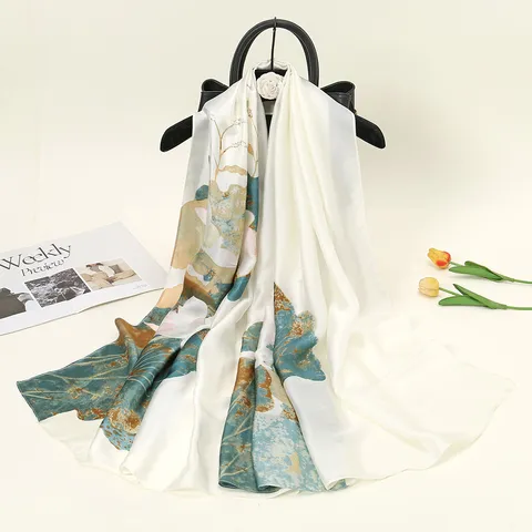 Écharpe en Satin Mode pour Femmes Élégant Long Imprimé Floral Géométrique Châle Solaire Effet Soie Foulard de Cou