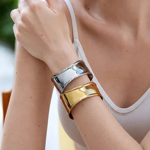 Modern Irregular Geometric C-Shape Cuff Bracelet For Women Wide Stainless Steel Open Bangle Fashion Jewelry Gift