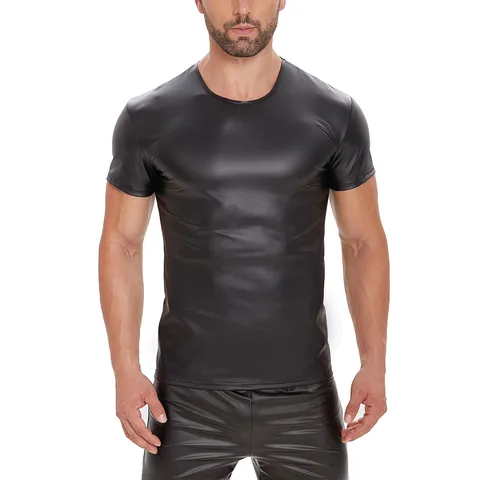 Ανδρικό Punk Στυλ Ματ Δέρμα Κοντό Μανίκι T-Shirt Slim Γραμμή Στρογγυλή Λαιμόκοψη Pullover Top για Καθημερινή Χρήση