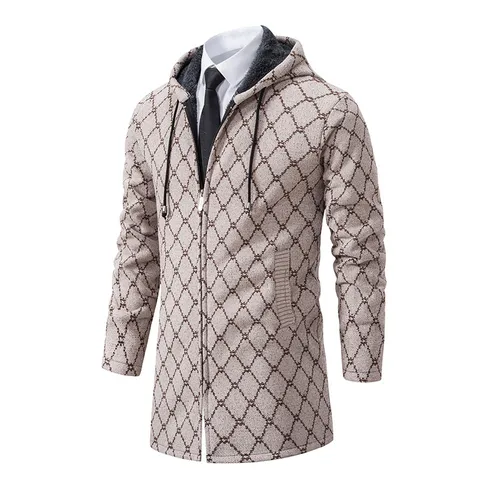 Heren Halflang Fleece Gevoerd Met Capuchon Gebreid Vest Winter Casual Geometrisch Patroon Lange Mouw Rits Jas Bovenkleding