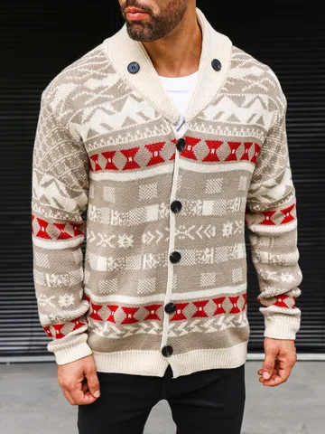 Men Shawl Collar Knit Cardigan Sweater Vintage Fair Isle Geometric Pattern Button Front Thick Warm Outerwear Casual Winter Coat